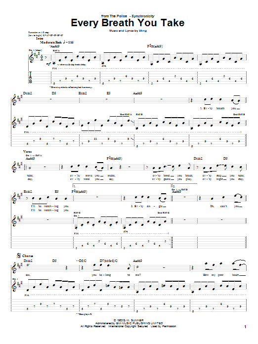 Preview The Police Every Breath You Take Rock sheet music, notes and chords for Guitar Tab, SKU: 20311 sheet music, piano notes, chords, guitar tabs, score, transpose, transcribe, how to play, guide, download, learn, tutorial, progression, song, artist, awards, billboard, mtv, vh1, tour, single, album, release