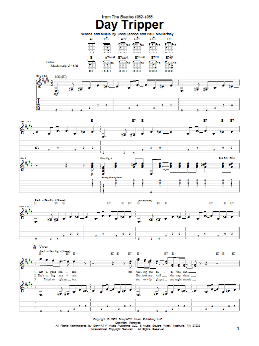 Preview The Beatles Day Tripper Rock sheet music, notes and chords for Guitar Tab, SKU: 20312 sheet music, piano notes, chords, guitar tabs, score, transpose, transcribe, how to play, guide, download, learn, tutorial, progression, song, artist, awards, billboard, mtv, vh1, tour, single, album, release