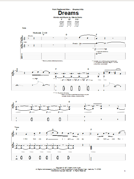 Preview Fleetwood Mac Dreams Rock sheet music, notes and chords for Guitar Tab, SKU: 20313 sheet music, piano notes, chords, guitar tabs, score, transpose, transcribe, how to play, guide, download, learn, tutorial, progression, song, artist, awards, billboard, mtv, vh1, tour, single, album, release