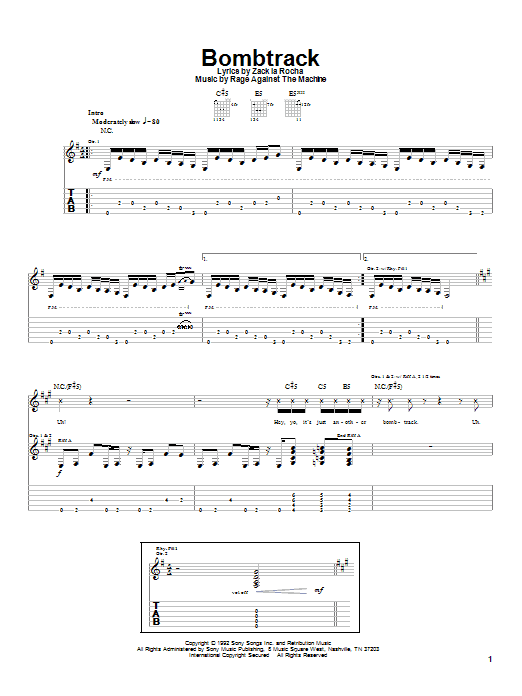 Preview Rage Against The Machine Bombtrack Metal sheet music, notes and chords for Guitar Tab, SKU: 20314 sheet music, piano notes, chords, guitar tabs, score, transpose, transcribe, how to play, guide, download, learn, tutorial, progression, song, artist, awards, billboard, mtv, vh1, tour, single, album, release