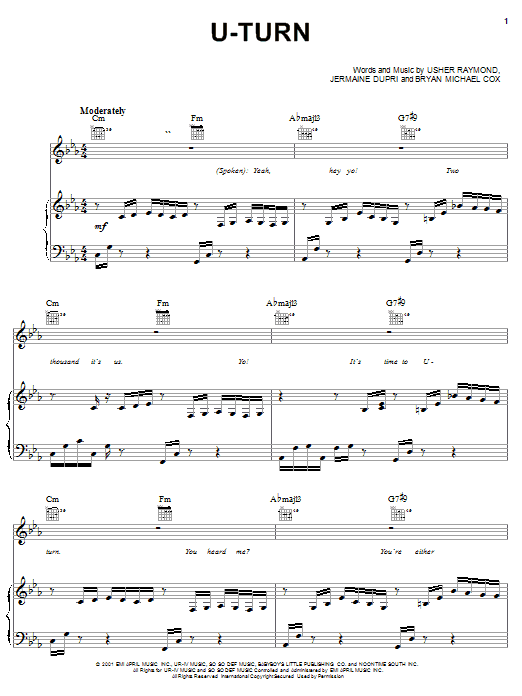 Preview Usher U-Turn R & B sheet music, notes and chords for Piano, Vocal & Guitar (Right-Hand Melody), SKU: 20318 sheet music, piano notes, chords, guitar tabs, score, transpose, transcribe, how to play, guide, download, learn, tutorial, progression, song, artist, awards, billboard, mtv, vh1, tour, single, album, release