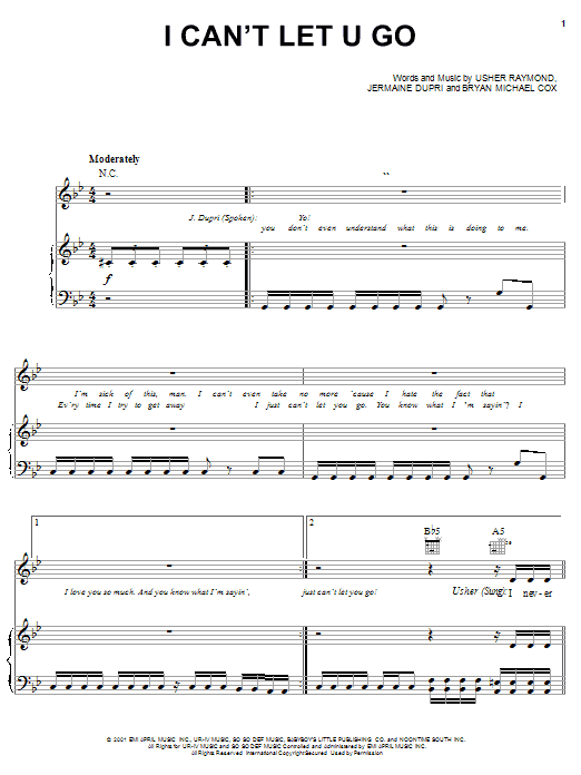 Preview Usher I Can't Let U Go R & B sheet music, notes and chords for Piano, Vocal & Guitar (Right-Hand Melody), SKU: 20322 sheet music, piano notes, chords, guitar tabs, score, transpose, transcribe, how to play, guide, download, learn, tutorial, progression, song, artist, awards, billboard, mtv, vh1, tour, single, album, release