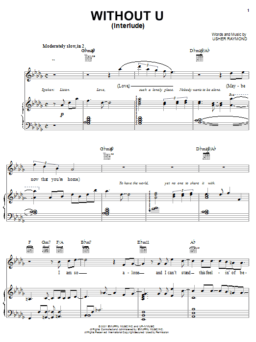 Preview Usher Without U (Interlude) R & B sheet music, notes and chords for Piano, Vocal & Guitar (Right-Hand Melody), SKU: 20323 sheet music, piano notes, chords, guitar tabs, score, transpose, transcribe, how to play, guide, download, learn, tutorial, progression, song, artist, awards, billboard, mtv, vh1, tour, single, album, release