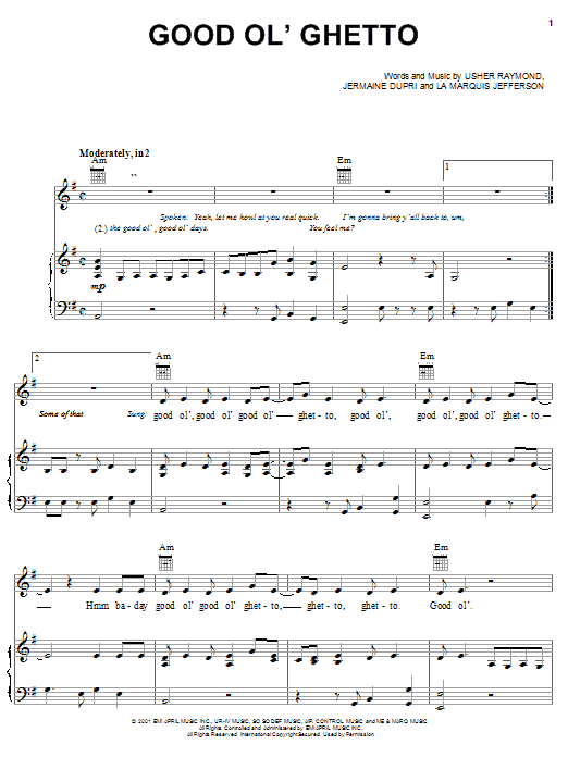 Preview Usher Good Ol' Ghetto R & B sheet music, notes and chords for Piano, Vocal & Guitar (Right-Hand Melody), SKU: 20324 sheet music, piano notes, chords, guitar tabs, score, transpose, transcribe, how to play, guide, download, learn, tutorial, progression, song, artist, awards, billboard, mtv, vh1, tour, single, album, release