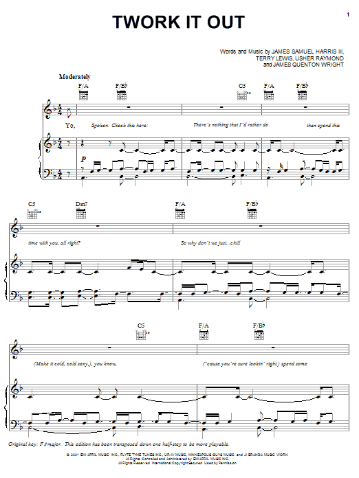 Preview Usher Twork It Out R & B sheet music, notes and chords for Piano, Vocal & Guitar (Right-Hand Melody), SKU: 20326 sheet music, piano notes, chords, guitar tabs, score, transpose, transcribe, how to play, guide, download, learn, tutorial, progression, song, artist, awards, billboard, mtv, vh1, tour, single, album, release
