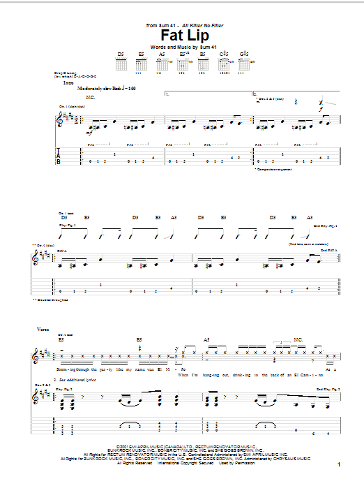 Preview Sum 41 Fat Lip Rock sheet music, notes and chords for Guitar Tab, SKU: 20328 sheet music, piano notes, chords, guitar tabs, score, transpose, transcribe, how to play, guide, download, learn, tutorial, progression, song, artist, awards, billboard, mtv, vh1, tour, single, album, release