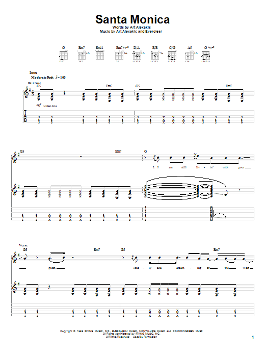 Preview Everclear Santa Monica Rock sheet music, notes and chords for Guitar Tab, SKU: 20330 sheet music, piano notes, chords, guitar tabs, score, transpose, transcribe, how to play, guide, download, learn, tutorial, progression, song, artist, awards, billboard, mtv, vh1, tour, single, album, release