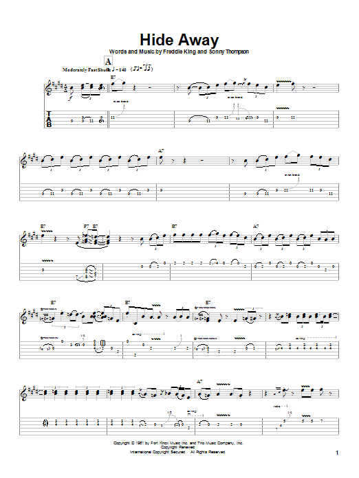Preview Freddie King Hide Away Pop sheet music, notes and chords for Guitar Tab, SKU: 20333 sheet music, piano notes, chords, guitar tabs, score, transpose, transcribe, how to play, guide, download, learn, tutorial, progression, song, artist, awards, billboard, mtv, vh1, tour, single, album, release