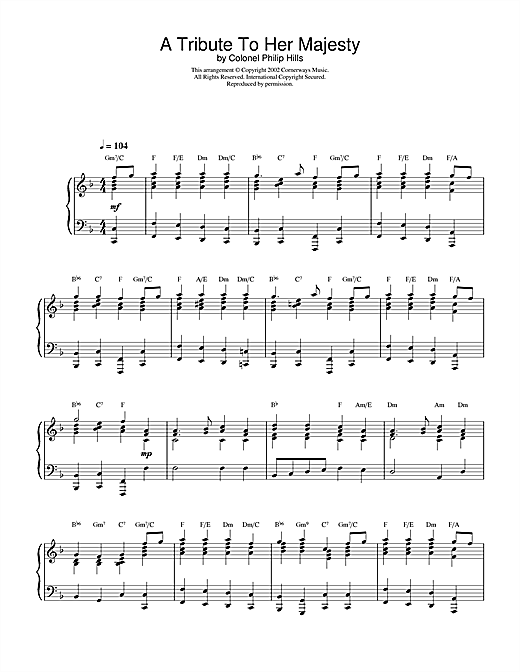Preview Colonel Philip Hills A Tribute To Her Majesty Folk sheet music, notes and chords for Piano, SKU: 20344 sheet music, piano notes, chords, guitar tabs, score, transpose, transcribe, how to play, guide, download, learn, tutorial, progression, song, artist, awards, billboard, mtv, vh1, tour, single, album, release