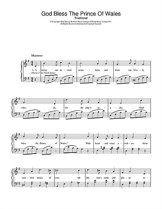 Preview Traditional God Bless The Prince Of Wales Folk sheet music, notes and chords for Piano, Vocal & Guitar (Right-Hand Melody), SKU: 20347 sheet music, piano notes, chords, guitar tabs, score, transpose, transcribe, how to play, guide, download, learn, tutorial, progression, song, artist, awards, billboard, mtv, vh1, tour, single, album, release
