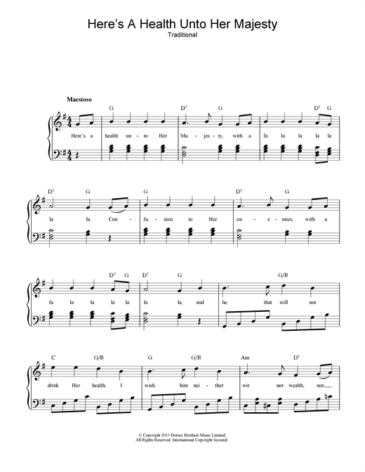Preview Traditional Here's A Health Unto Her Majesty Folk sheet music, notes and chords for Piano, Vocal & Guitar (Right-Hand Melody), SKU: 20348 sheet music, piano notes, chords, guitar tabs, score, transpose, transcribe, how to play, guide, download, learn, tutorial, progression, song, artist, awards, billboard, mtv, vh1, tour, single, album, release