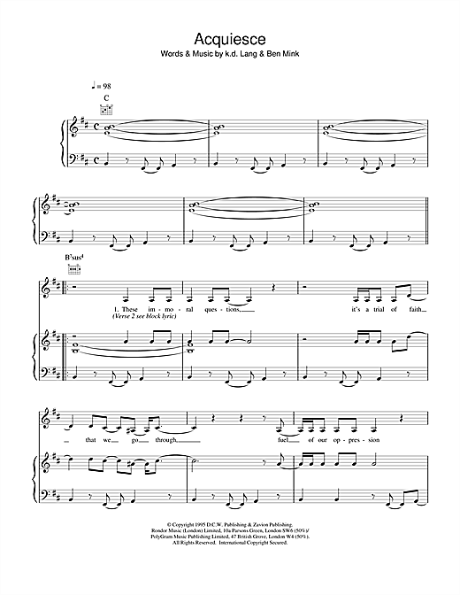 Preview k.d. lang Acquiesce Country sheet music, notes and chords for Piano, Vocal & Guitar (Right-Hand Melody), SKU: 20355 sheet music, piano notes, chords, guitar tabs, score, transpose, transcribe, how to play, guide, download, learn, tutorial, progression, song, artist, awards, billboard, mtv, vh1, tour, single, album, release