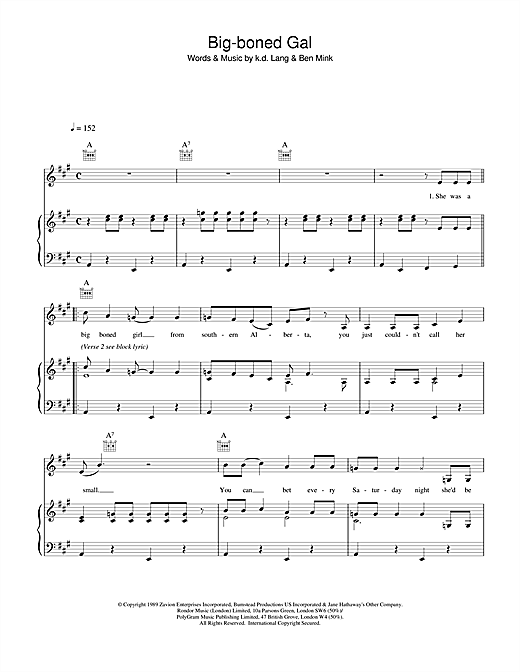 Preview k.d. lang Big-boned Gal Country sheet music, notes and chords for Piano, Vocal & Guitar (Right-Hand Melody), SKU: 20356 sheet music, piano notes, chords, guitar tabs, score, transpose, transcribe, how to play, guide, download, learn, tutorial, progression, song, artist, awards, billboard, mtv, vh1, tour, single, album, release