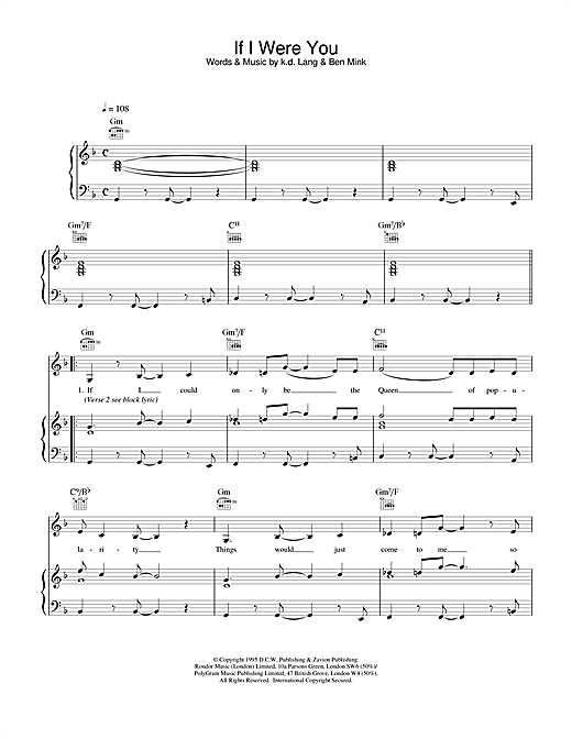 Preview k.d. lang If I Were You Country sheet music, notes and chords for Piano, Vocal & Guitar (Right-Hand Melody), SKU: 20357 sheet music, piano notes, chords, guitar tabs, score, transpose, transcribe, how to play, guide, download, learn, tutorial, progression, song, artist, awards, billboard, mtv, vh1, tour, single, album, release