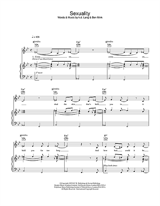 Preview k.d. lang Sexuality Country sheet music, notes and chords for Piano, Vocal & Guitar (Right-Hand Melody), SKU: 20360 sheet music, piano notes, chords, guitar tabs, score, transpose, transcribe, how to play, guide, download, learn, tutorial, progression, song, artist, awards, billboard, mtv, vh1, tour, single, album, release