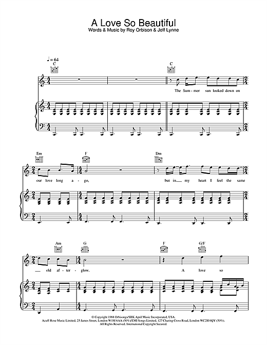 Preview Roy Orbison A Love So Beautiful Pop sheet music, notes and chords for Piano, Vocal & Guitar, SKU: 20362 sheet music, piano notes, chords, guitar tabs, score, transpose, transcribe, how to play, guide, download, learn, tutorial, progression, song, artist, awards, billboard, mtv, vh1, tour, single, album, release