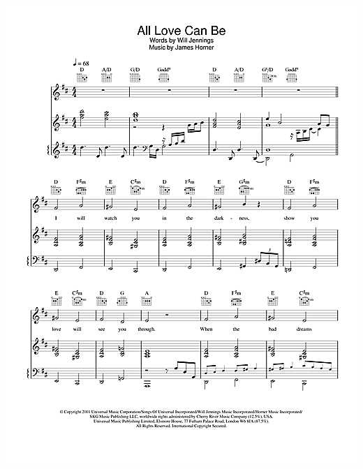 Preview Charlotte Church All Love Can Be (from A Beautiful Mind) Film and TV sheet music, notes and chords for Piano, Vocal & Guitar (Right-Hand Melody), SKU: 20363 sheet music, piano notes, chords, guitar tabs, score, transpose, transcribe, how to play, guide, download, learn, tutorial, progression, song, artist, awards, billboard, mtv, vh1, tour, single, album, release