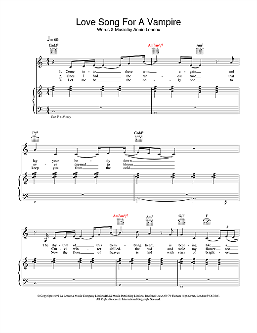 Preview Annie Lennox Love Song For A Vampire Pop sheet music, notes and chords for Piano, Vocal & Guitar, SKU: 20365 sheet music, piano notes, chords, guitar tabs, score, transpose, transcribe, how to play, guide, download, learn, tutorial, progression, song, artist, awards, billboard, mtv, vh1, tour, single, album, release