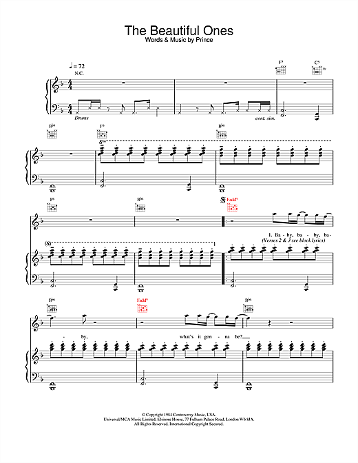 Preview Prince The Beautiful Ones Pop sheet music, notes and chords for Piano, Vocal & Guitar, SKU: 20366 sheet music, piano notes, chords, guitar tabs, score, transpose, transcribe, how to play, guide, download, learn, tutorial, progression, song, artist, awards, billboard, mtv, vh1, tour, single, album, release