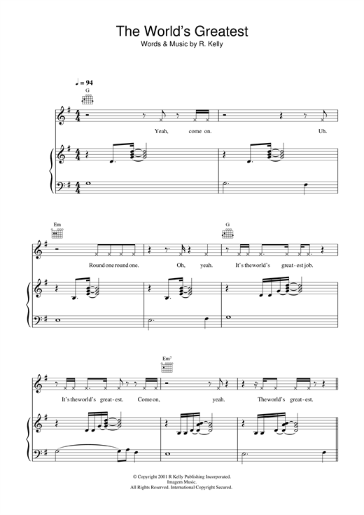 Preview R. Kelly The World's Greatest R & B sheet music, notes and chords for Piano, Vocal & Guitar, SKU: 20367 sheet music, piano notes, chords, guitar tabs, score, transpose, transcribe, how to play, guide, download, learn, tutorial, progression, song, artist, awards, billboard, mtv, vh1, tour, single, album, release