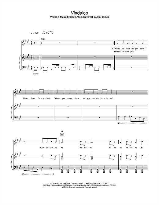 Preview Fat Les Vindaloo Pop sheet music, notes and chords for Piano, Vocal & Guitar (Right-Hand Melody), SKU: 20369 sheet music, piano notes, chords, guitar tabs, score, transpose, transcribe, how to play, guide, download, learn, tutorial, progression, song, artist, awards, billboard, mtv, vh1, tour, single, album, release