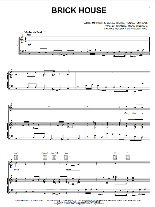 Preview Commodores Brick House Pop sheet music, notes and chords for Piano, Vocal & Guitar (Right-Hand Melody), SKU: 20372 sheet music, piano notes, chords, guitar tabs, score, transpose, transcribe, how to play, guide, download, learn, tutorial, progression, song, artist, awards, billboard, mtv, vh1, tour, single, album, release