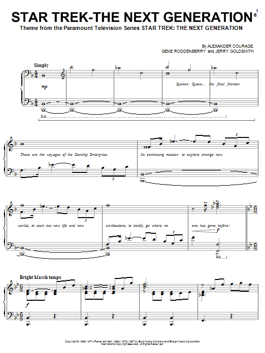 Preview Gene Roddenberry Star Trek - The Next Generation(R) Film and TV sheet music, notes and chords for Piano, Vocal & Guitar (Right-Hand Melody), SKU: 20374 sheet music, piano notes, chords, guitar tabs, score, transpose, transcribe, how to play, guide, download, learn, tutorial, progression, song, artist, awards, billboard, mtv, vh1, tour, single, album, release