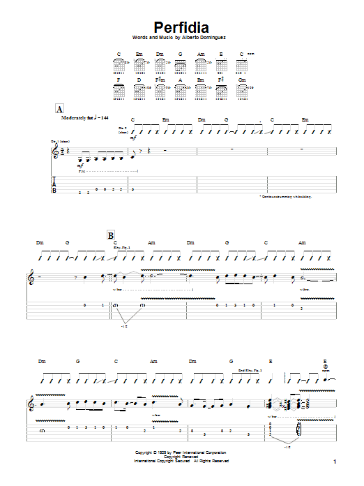 Preview Alberto Dominguez Perfidia Jazz sheet music, notes and chords for Guitar Tab, SKU: 20375 sheet music, piano notes, chords, guitar tabs, score, transpose, transcribe, how to play, guide, download, learn, tutorial, progression, song, artist, awards, billboard, mtv, vh1, tour, single, album, release
