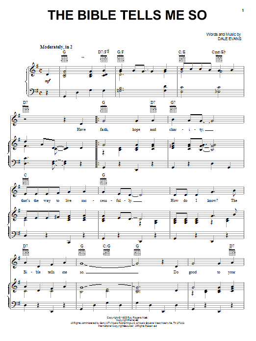 Preview Dale Evans The Bible Tells Me So Children sheet music, notes and chords for Piano, Vocal & Guitar (Right-Hand Melody), SKU: 20381 sheet music, piano notes, chords, guitar tabs, score, transpose, transcribe, how to play, guide, download, learn, tutorial, progression, song, artist, awards, billboard, mtv, vh1, tour, single, album, release