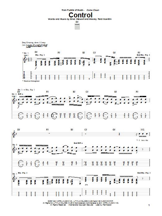 Preview Puddle Of Mudd Control Rock sheet music, notes and chords for Guitar Tab, SKU: 20390 sheet music, piano notes, chords, guitar tabs, score, transpose, transcribe, how to play, guide, download, learn, tutorial, progression, song, artist, awards, billboard, mtv, vh1, tour, single, album, release