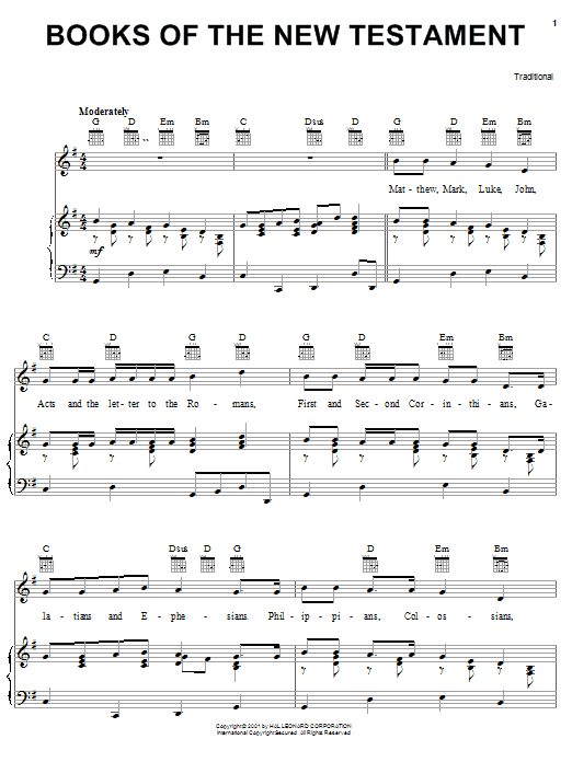 Preview Traditional Books Of The New Testament Religious sheet music, notes and chords for Piano, Vocal & Guitar (Right-Hand Melody), SKU: 20418 sheet music, piano notes, chords, guitar tabs, score, transpose, transcribe, how to play, guide, download, learn, tutorial, progression, song, artist, awards, billboard, mtv, vh1, tour, single, album, release