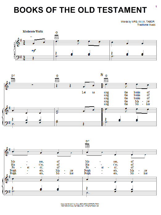 Preview Mrs. W.I.M. Tabor Books Of The Old Testament Religious sheet music, notes and chords for Piano, Vocal & Guitar (Right-Hand Melody), SKU: 20421 sheet music, piano notes, chords, guitar tabs, score, transpose, transcribe, how to play, guide, download, learn, tutorial, progression, song, artist, awards, billboard, mtv, vh1, tour, single, album, release