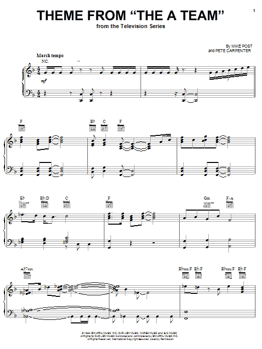 Preview Mike Post Theme from The A-Team Film and TV sheet music, notes and chords for Piano, SKU: 20432 sheet music, piano notes, chords, guitar tabs, score, transpose, transcribe, how to play, guide, download, learn, tutorial, progression, song, artist, awards, billboard, mtv, vh1, tour, single, album, release