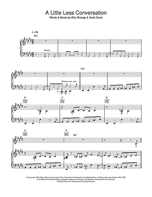 Preview Elvis Presley A Little Less Conversation Pop sheet music, notes and chords for Piano, Vocal & Guitar, SKU: 20436 sheet music, piano notes, chords, guitar tabs, score, transpose, transcribe, how to play, guide, download, learn, tutorial, progression, song, artist, awards, billboard, mtv, vh1, tour, single, album, release