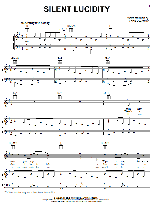 Preview Queensryche Silent Lucidity Pop sheet music, notes and chords for Piano, Vocal & Guitar (Right-Hand Melody), SKU: 20438 sheet music, piano notes, chords, guitar tabs, score, transpose, transcribe, how to play, guide, download, learn, tutorial, progression, song, artist, awards, billboard, mtv, vh1, tour, single, album, release