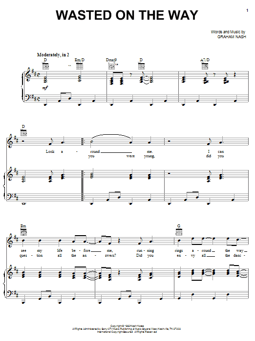 Preview Crosby, Stills & Nash Wasted On The Way Pop sheet music, notes and chords for Piano, Vocal & Guitar (Right-Hand Melody), SKU: 20439 sheet music, piano notes, chords, guitar tabs, score, transpose, transcribe, how to play, guide, download, learn, tutorial, progression, song, artist, awards, billboard, mtv, vh1, tour, single, album, release
