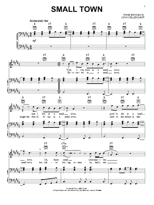 Preview John Mellencamp Small Town Rock sheet music, notes and chords for Piano, Vocal & Guitar (Right-Hand Melody), SKU: 20442 sheet music, piano notes, chords, guitar tabs, score, transpose, transcribe, how to play, guide, download, learn, tutorial, progression, song, artist, awards, billboard, mtv, vh1, tour, single, album, release