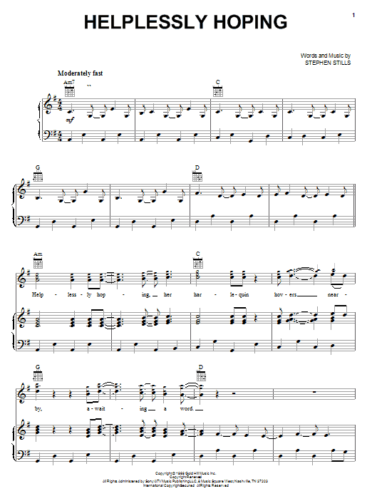 Preview Crosby, Stills & Nash Helplessly Hoping Pop sheet music, notes and chords for Piano, Vocal & Guitar (Right-Hand Melody), SKU: 20449 sheet music, piano notes, chords, guitar tabs, score, transpose, transcribe, how to play, guide, download, learn, tutorial, progression, song, artist, awards, billboard, mtv, vh1, tour, single, album, release