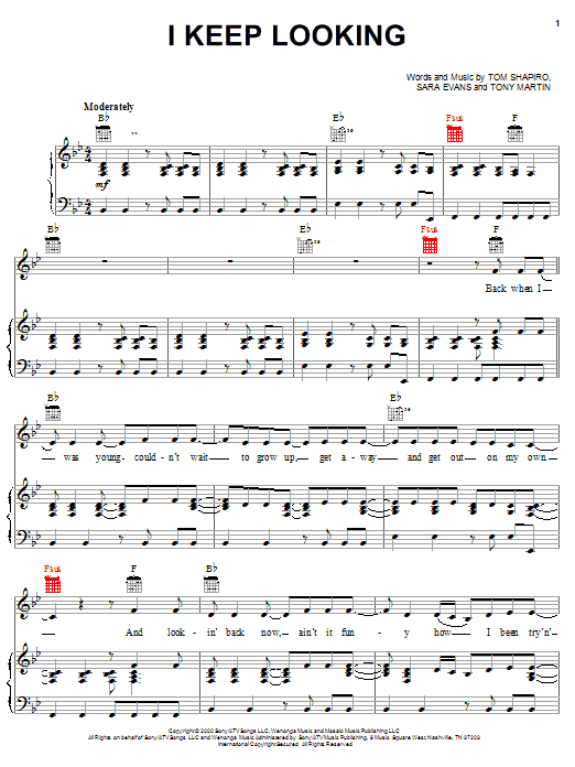 Preview Sara Evans I Keep Looking Pop sheet music, notes and chords for Piano, Vocal & Guitar (Right-Hand Melody), SKU: 20459 sheet music, piano notes, chords, guitar tabs, score, transpose, transcribe, how to play, guide, download, learn, tutorial, progression, song, artist, awards, billboard, mtv, vh1, tour, single, album, release