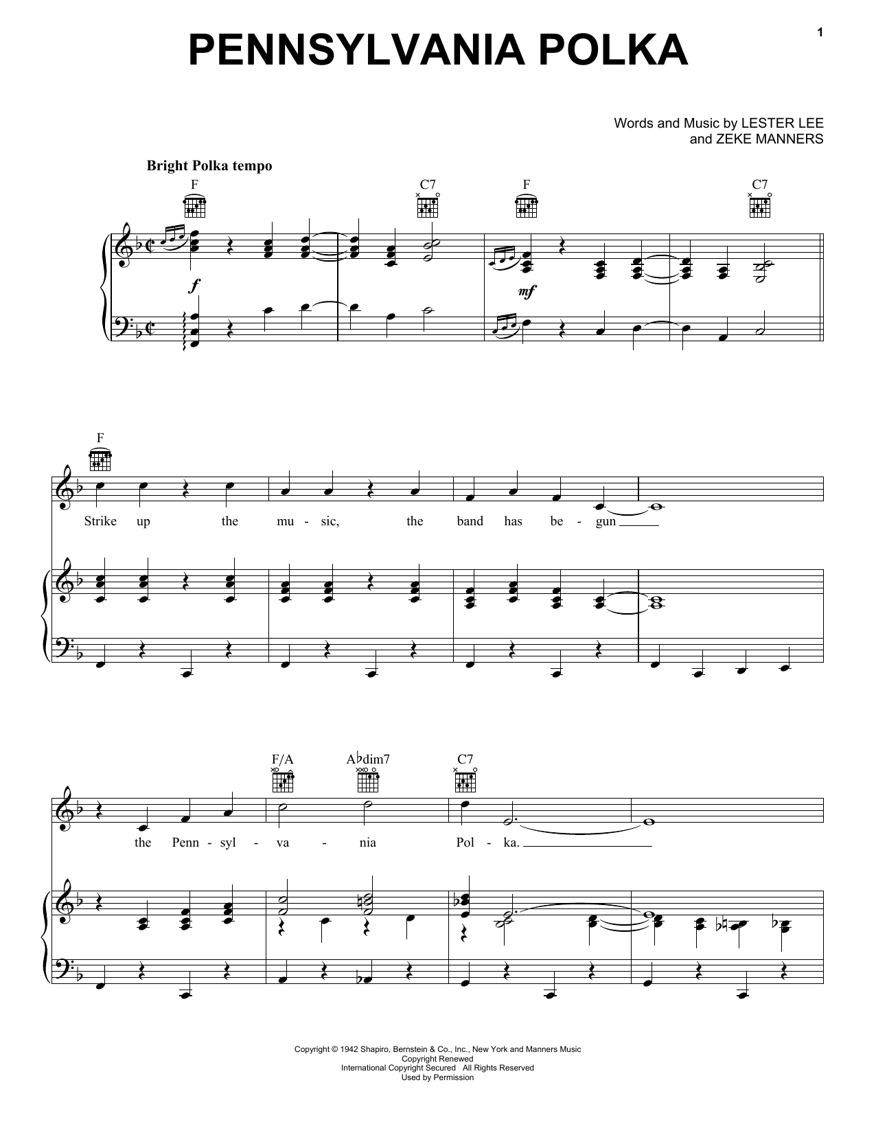 Preview Lester Lee Pennsylvania Polka American sheet music, notes and chords for Piano, Vocal & Guitar (Right-Hand Melody), SKU: 20473 sheet music, piano notes, chords, guitar tabs, score, transpose, transcribe, how to play, guide, download, learn, tutorial, progression, song, artist, awards, billboard, mtv, vh1, tour, single, album, release