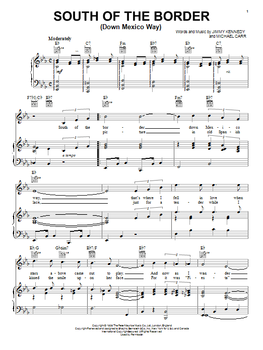 Preview Patsy Cline South Of The Border (Down Mexico Way) Country sheet music, notes and chords for Piano, Vocal & Guitar (Right-Hand Melody), SKU: 20475 sheet music, piano notes, chords, guitar tabs, score, transpose, transcribe, how to play, guide, download, learn, tutorial, progression, song, artist, awards, billboard, mtv, vh1, tour, single, album, release