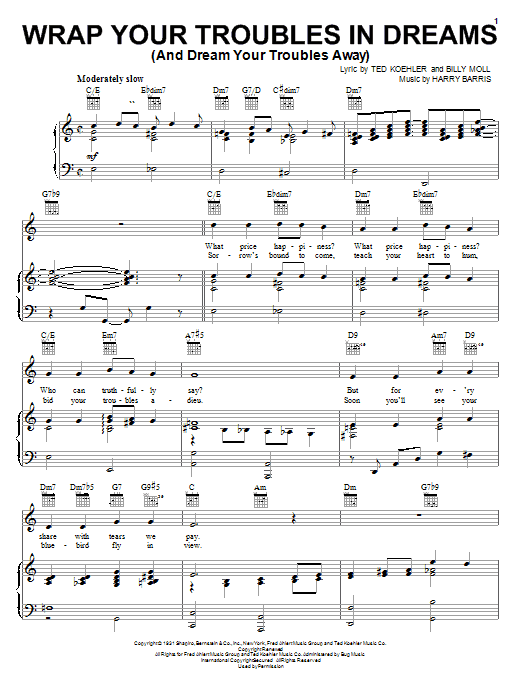 Preview Billy Moll Wrap Your Troubles In Dreams (And Dream Your Troubles Away) Jazz sheet music, notes and chords for Piano, Vocal & Guitar (Right-Hand Melody), SKU: 20477 sheet music, piano notes, chords, guitar tabs, score, transpose, transcribe, how to play, guide, download, learn, tutorial, progression, song, artist, awards, billboard, mtv, vh1, tour, single, album, release