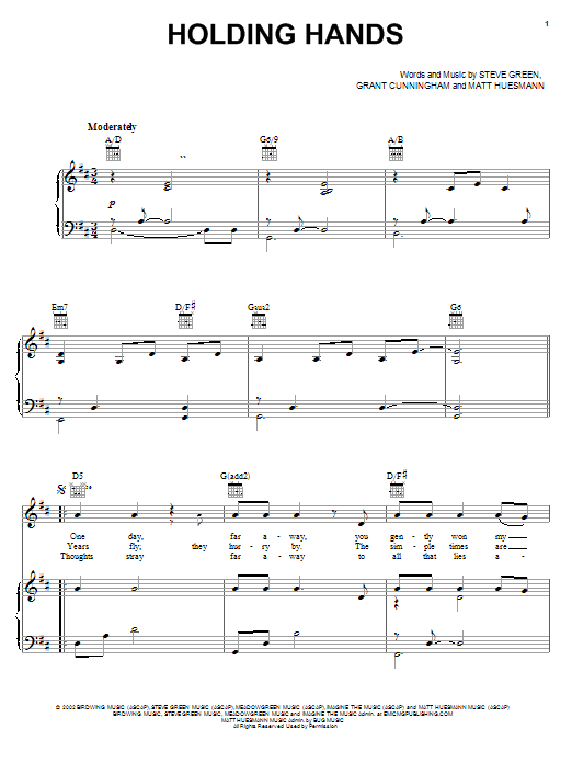 Preview Steve Green Holding Hands Pop sheet music, notes and chords for Piano, Vocal & Guitar (Right-Hand Melody), SKU: 20498 sheet music, piano notes, chords, guitar tabs, score, transpose, transcribe, how to play, guide, download, learn, tutorial, progression, song, artist, awards, billboard, mtv, vh1, tour, single, album, release