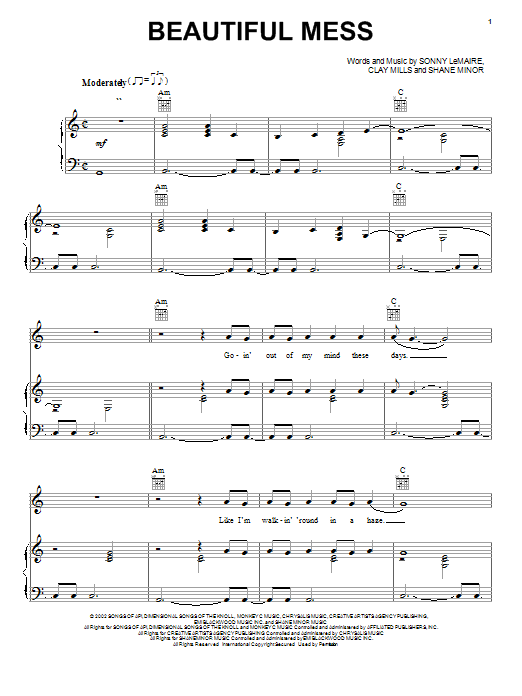 Preview Diamond Rio Beautiful Mess Pop sheet music, notes and chords for Piano, Vocal & Guitar (Right-Hand Melody), SKU: 20499 sheet music, piano notes, chords, guitar tabs, score, transpose, transcribe, how to play, guide, download, learn, tutorial, progression, song, artist, awards, billboard, mtv, vh1, tour, single, album, release