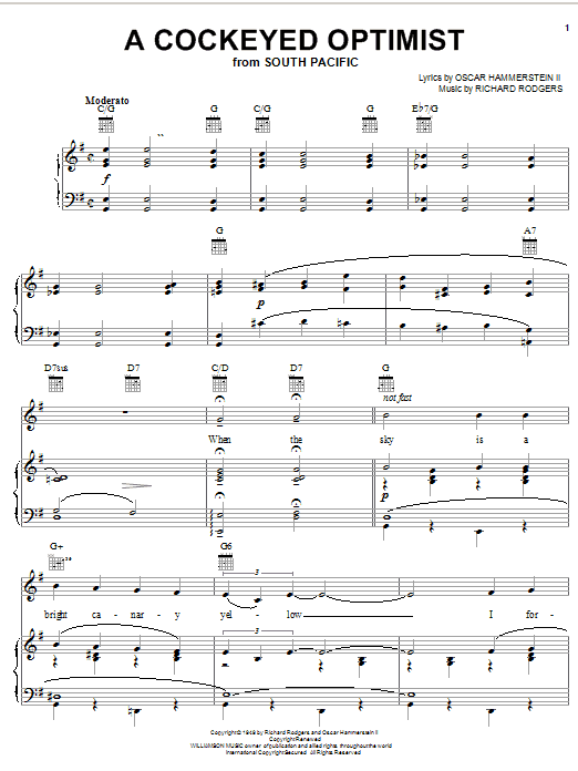 Preview Rodgers & Hammerstein A Cockeyed Optimist Broadway sheet music, notes and chords for Piano, Vocal & Guitar (Right-Hand Melody), SKU: 20510 sheet music, piano notes, chords, guitar tabs, score, transpose, transcribe, how to play, guide, download, learn, tutorial, progression, song, artist, awards, billboard, mtv, vh1, tour, single, album, release