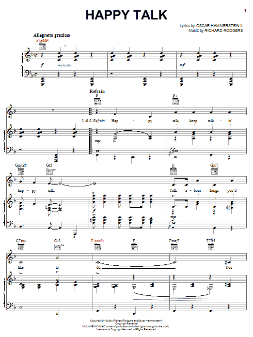 Preview Rodgers & Hammerstein Happy Talk (from South Pacific) Broadway sheet music, notes and chords for Piano, Vocal & Guitar (Right-Hand Melody), SKU: 20522 sheet music, piano notes, chords, guitar tabs, score, transpose, transcribe, how to play, guide, download, learn, tutorial, progression, song, artist, awards, billboard, mtv, vh1, tour, single, album, release