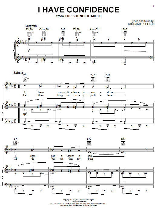 Preview Rodgers & Hammerstein I Have Confidence (from The Sound Of Music) Musicals sheet music, notes and chords for Piano, Vocal & Guitar (Right-Hand Melody), SKU: 20530 sheet music, piano notes, chords, guitar tabs, score, transpose, transcribe, how to play, guide, download, learn, tutorial, progression, song, artist, awards, billboard, mtv, vh1, tour, single, album, release