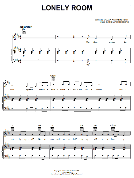 Preview Rodgers & Hammerstein Lonely Room Broadway sheet music, notes and chords for Piano, Vocal & Guitar (Right-Hand Melody), SKU: 20542 sheet music, piano notes, chords, guitar tabs, score, transpose, transcribe, how to play, guide, download, learn, tutorial, progression, song, artist, awards, billboard, mtv, vh1, tour, single, album, release