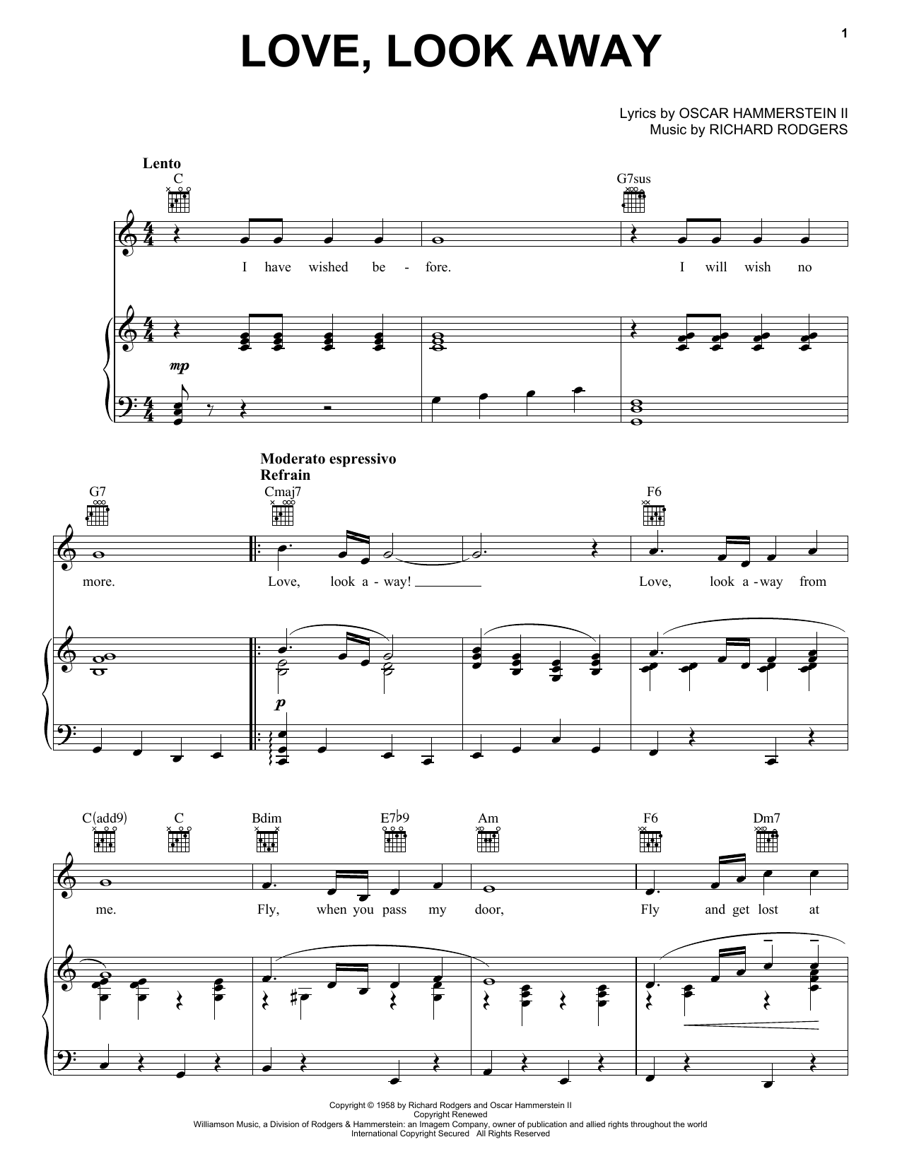 Preview Rodgers & Hammerstein Love, Look Away Musicals sheet music, notes and chords for Piano, Vocal & Guitar (Right-Hand Melody), SKU: 20543 sheet music, piano notes, chords, guitar tabs, score, transpose, transcribe, how to play, guide, download, learn, tutorial, progression, song, artist, awards, billboard, mtv, vh1, tour, single, album, release