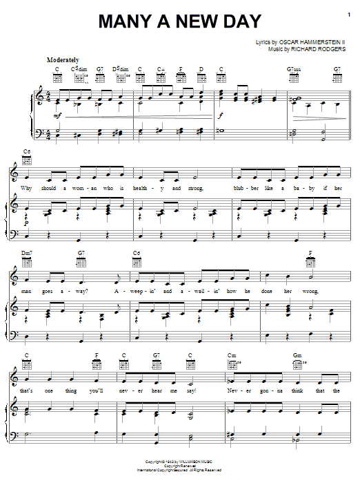Preview Rodgers & Hammerstein Many A New Day Broadway sheet music, notes and chords for Piano, Vocal & Guitar (Right-Hand Melody), SKU: 20546 sheet music, piano notes, chords, guitar tabs, score, transpose, transcribe, how to play, guide, download, learn, tutorial, progression, song, artist, awards, billboard, mtv, vh1, tour, single, album, release